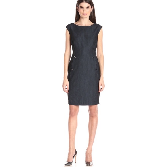 NWT* Calvin Klein Sleeveless Stretch Blue Chambray Sheath Dress Womens 16 *NEW